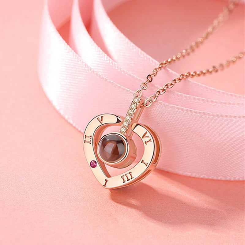 I Love You in 100 Languages Projection Necklace With Rotating Rose Gift Box Set
