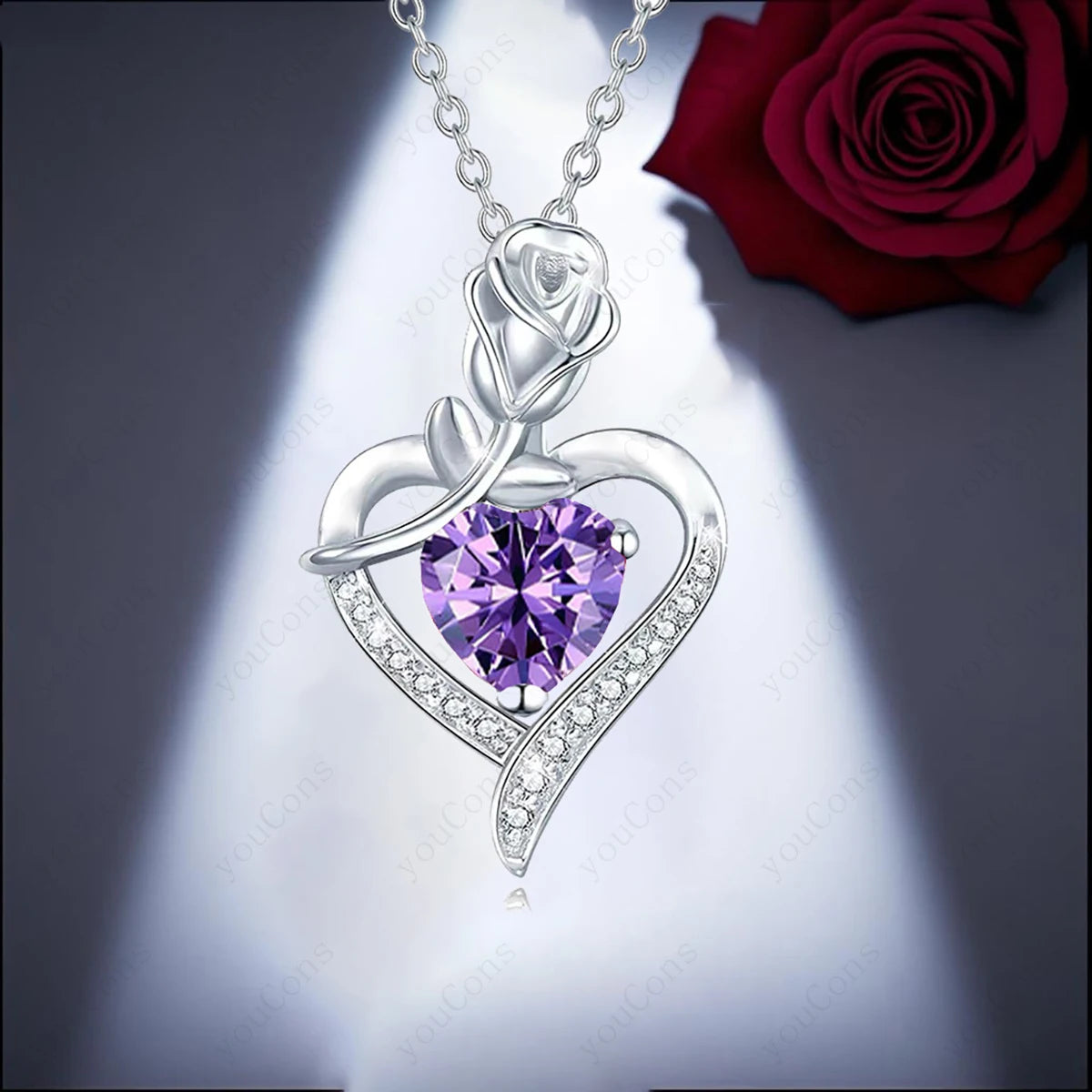 Purple Zircon Heart Pendant Necklace With Rose Box Set
