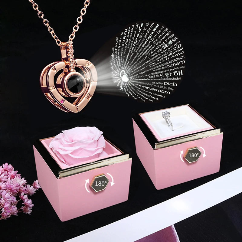 I Love You in 100 Languages Projection Necklace With Rotating Rose Gift Box Set