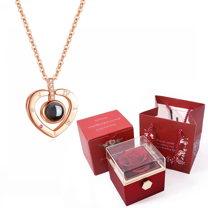 I Love You in 100 Languages Projection Necklace With Rotating Rose Gift Box Set