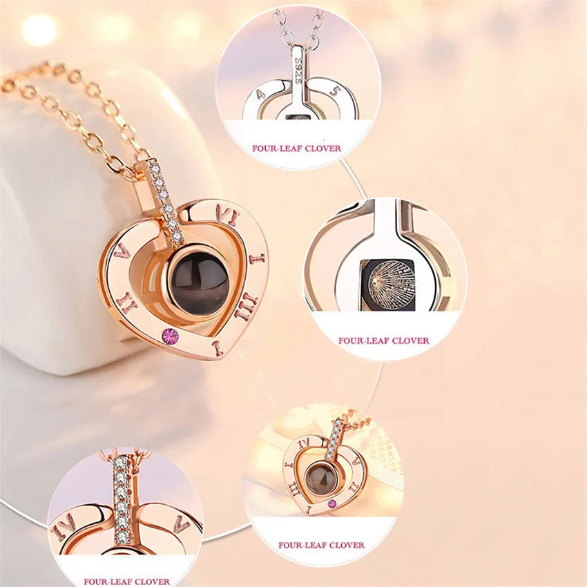 I Love You in 100 Languages Projection Necklace With Rotating Rose Gift Box Set