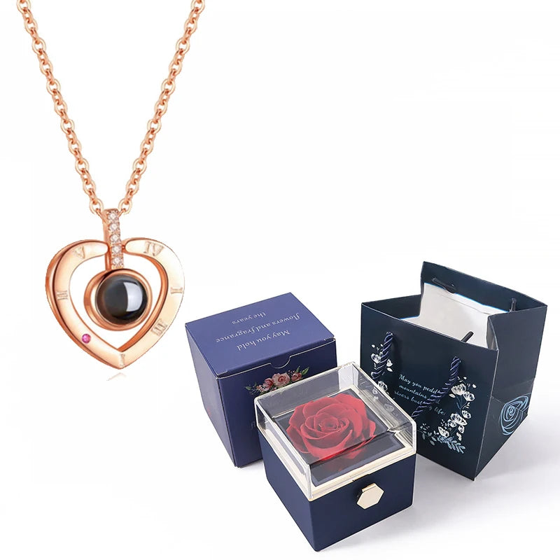 I Love You in 100 Languages Projection Necklace With Rotating Rose Gift Box Set