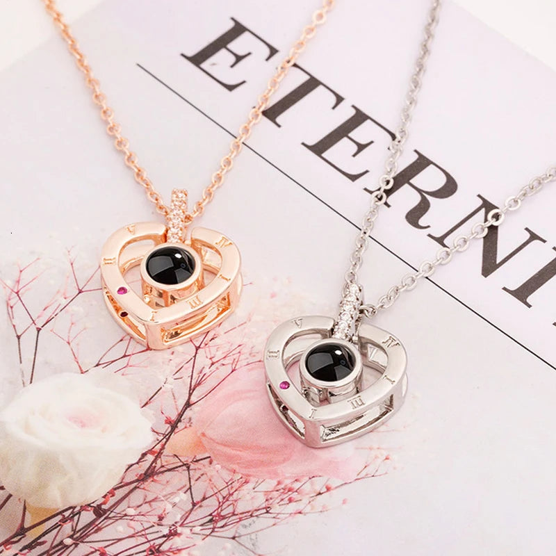I Love You in 100 Languages Projection Necklace With Rotating Rose Gift Box Set