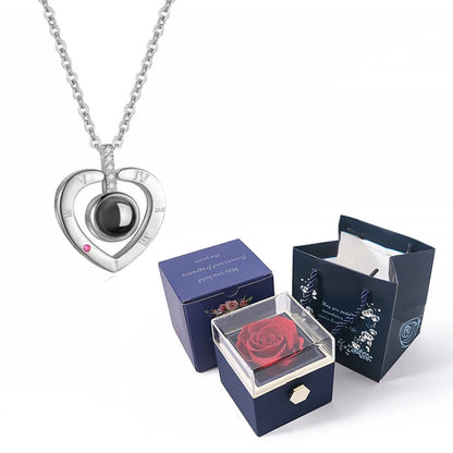 I Love You in 100 Languages Projection Necklace With Rotating Rose Gift Box Set