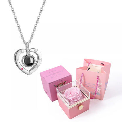 I Love You in 100 Languages Projection Necklace With Rotating Rose Gift Box Set