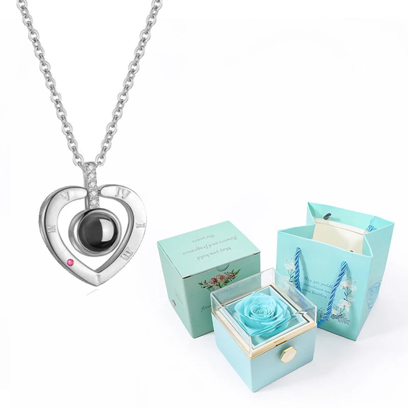 I Love You in 100 Languages Projection Necklace With Rotating Rose Gift Box Set