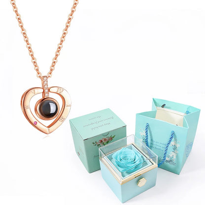 I Love You in 100 Languages Projection Necklace With Rotating Rose Gift Box Set