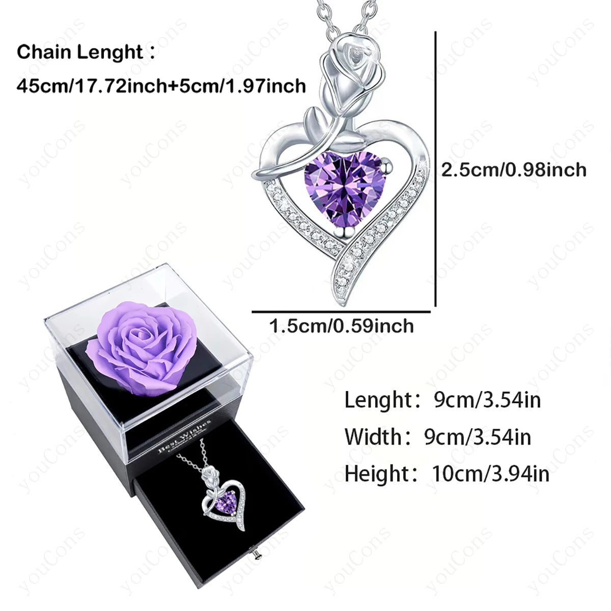 Purple Zircon Heart Pendant Necklace With Rose Box Set