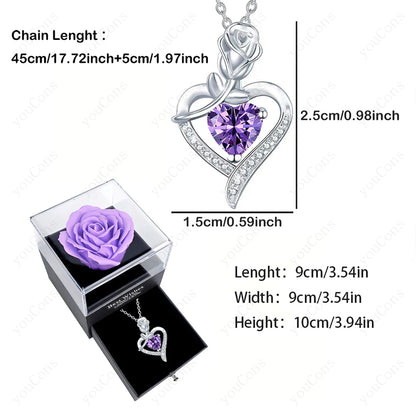 Purple Zircon Heart Pendant Necklace With Rose Box Set