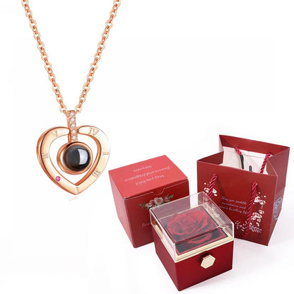 I Love You in 100 Languages Projection Necklace With Rotating Rose Gift Box Set