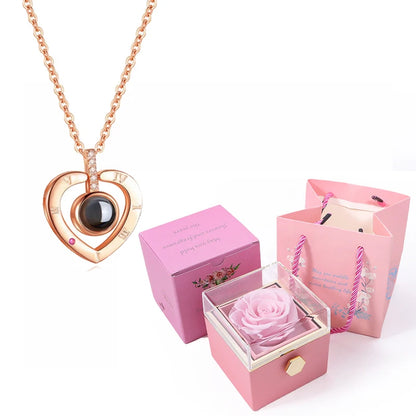 I Love You in 100 Languages Projection Necklace With Rotating Rose Gift Box Set