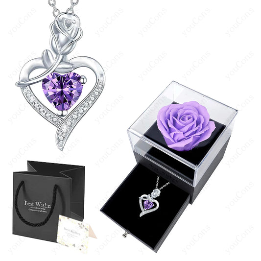 Purple Zircon Heart Pendant Necklace With Rose Box Set