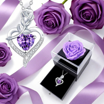 Purple Zircon Heart Pendant Necklace With Rose Box Set