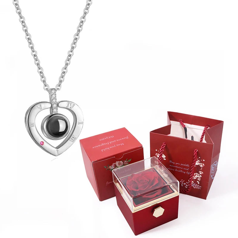 I Love You in 100 Languages Projection Necklace With Rotating Rose Gift Box Set