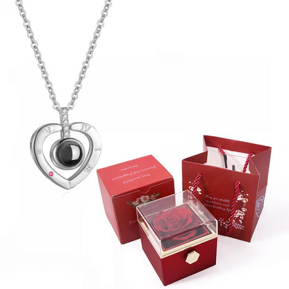 I Love You in 100 Languages Projection Necklace With Rotating Rose Gift Box Set