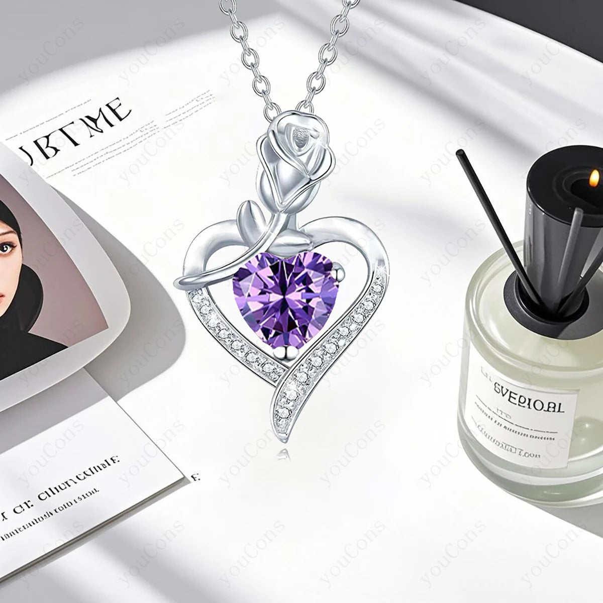 Purple Zircon Heart Pendant Necklace With Rose Box Set