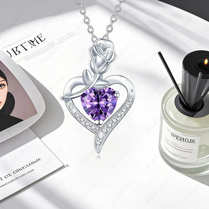 Purple Zircon Heart Pendant Necklace With Rose Box Set